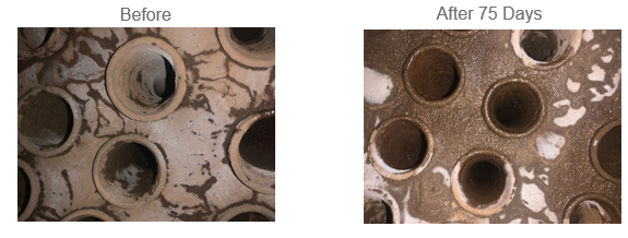 Images show online removal of boiler deposits after 75 days on DReeM product.