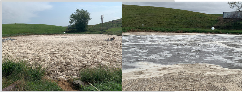 The picture on the left shows the aeration basin with an overload of FOG. The picture to the right shows the aeration basin approximately four weeks after supplemental bioaugmentation program was implemented. 