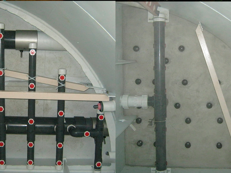 Figure 4: Retrofit of steel plate underdrain system with header-lateral type, before (left) and after (right) the addition of concrete sub-fill.