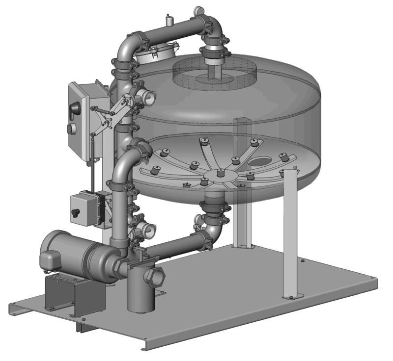 Drawing of a typical sand filter set up. Process water enters the filtration via the pump inlet strainer, exits the volute of the pump, enters the top of the tank and filtrates through the sand and gravel mixture before exiting out the bottom of the tank and returning to the process.
(Image Courtesy of Lakos; www.lakos.com)